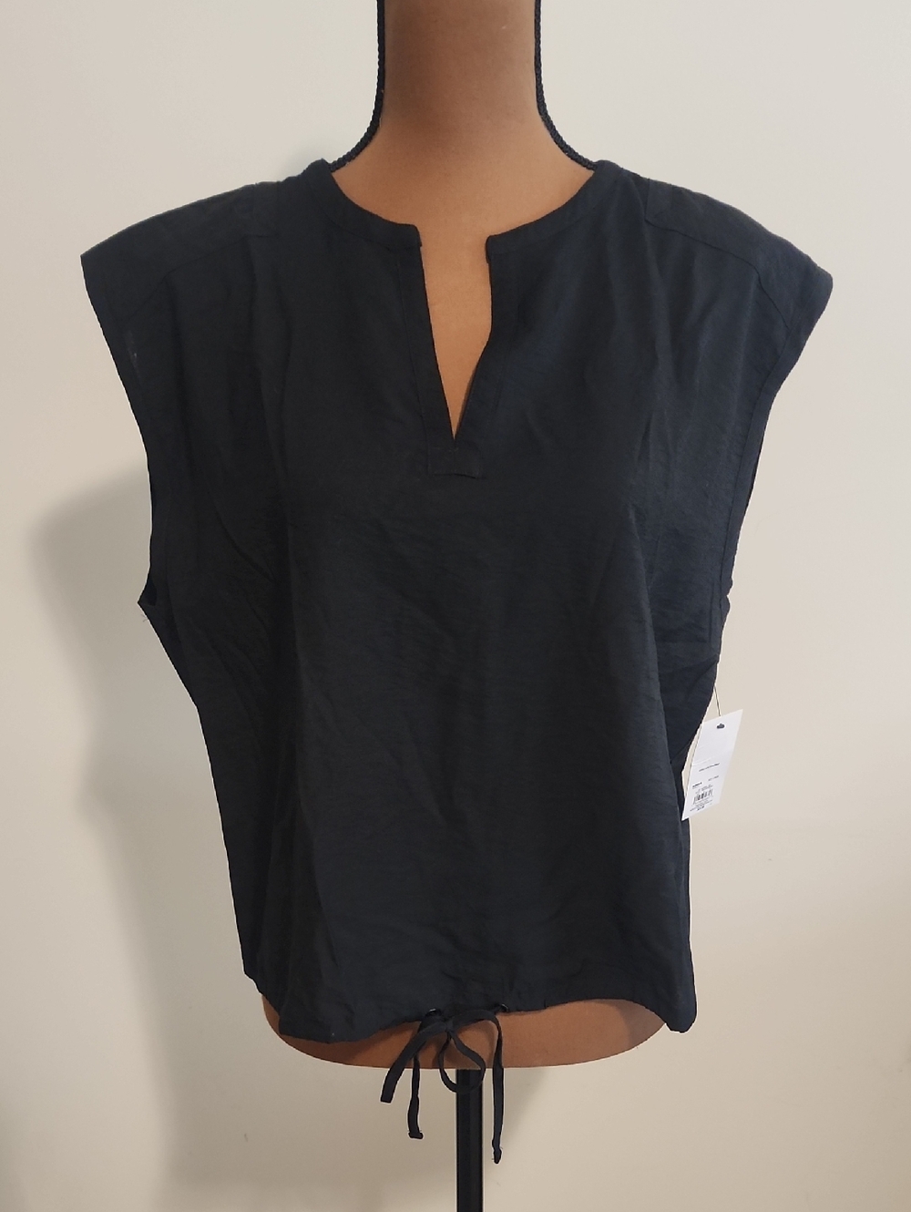 Nine West Black Split-Neck Cap Sleeve Top with Drawstring Hem